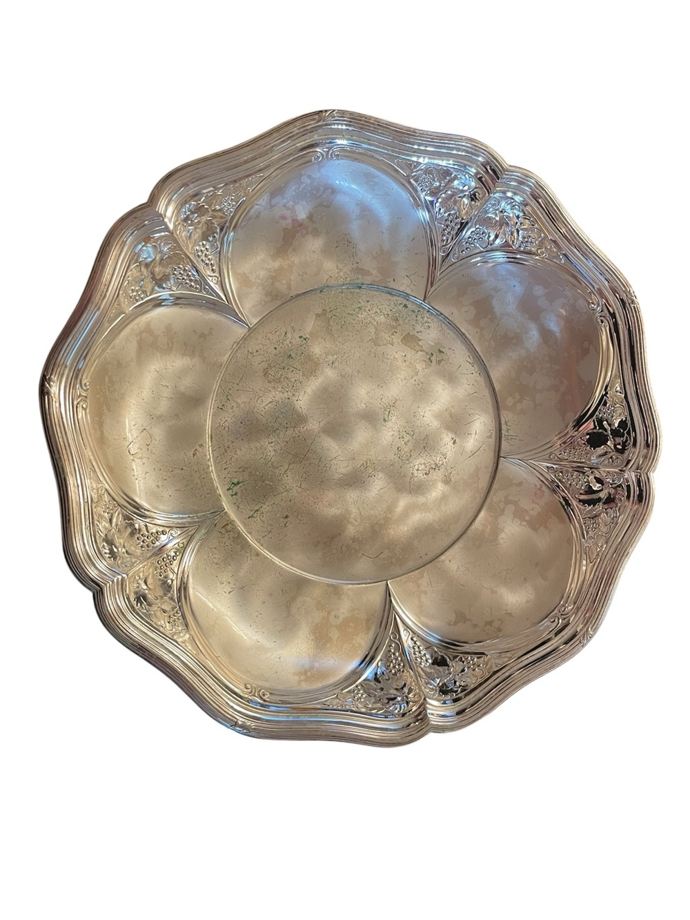 Vintage Ornate Silver Serving Platter with Scalloped Petal Design
